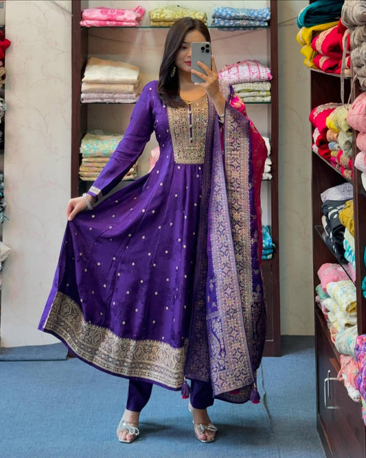 Jashn-E-Bahaaraa Purple Anarkali Suit Set with Banarasi Dupatta