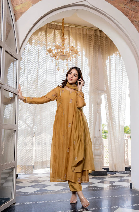 Beige Pankhudi Premium Mul Chanderi Embroidered Anarkali Suit Set