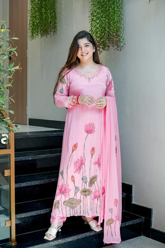 Pink Chinon A-Line Kurta Set with Hand Work & Dupatta