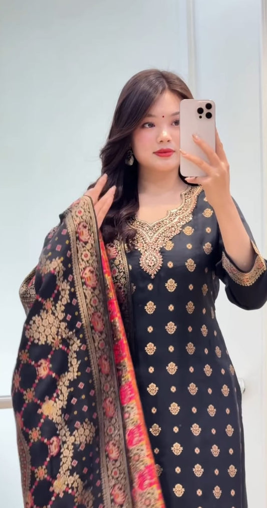 Premium Black Kanjivaram Glass Tissue Suit Set with Dupatta