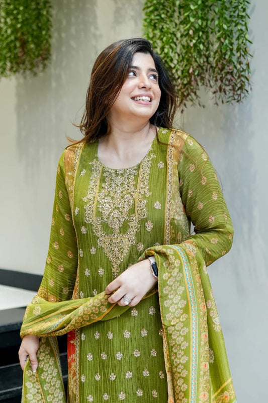 Premium Green Chinon Kurti Pant Dupatta Set
