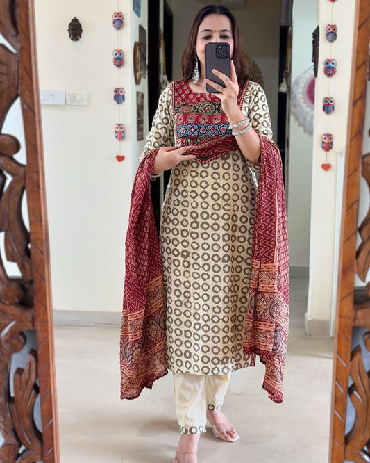 Premium Ajrakh Muslin Suit Set with Dupatta
