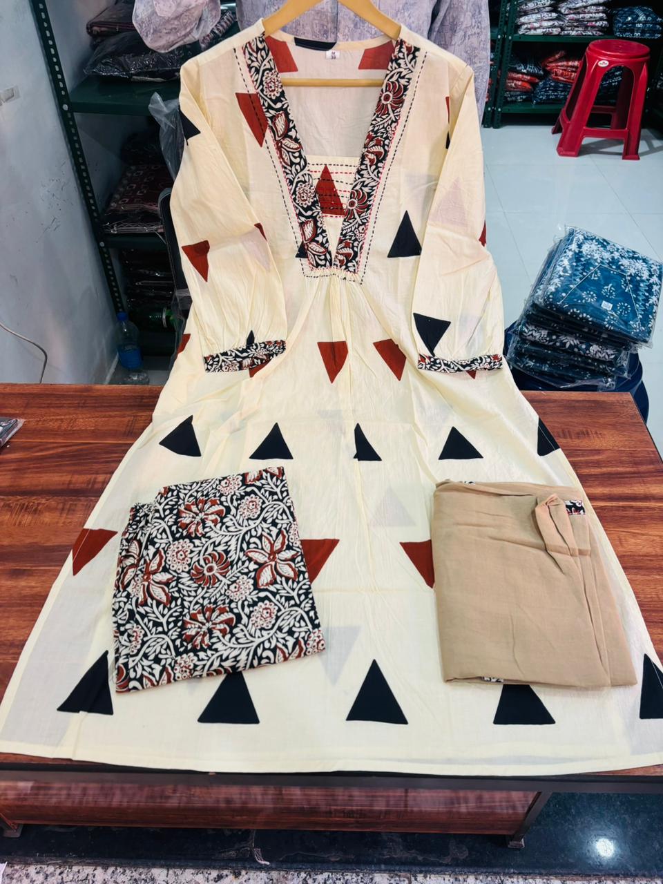 Premium Cotton Kurti Pant Dupatta Set with Katha Work
