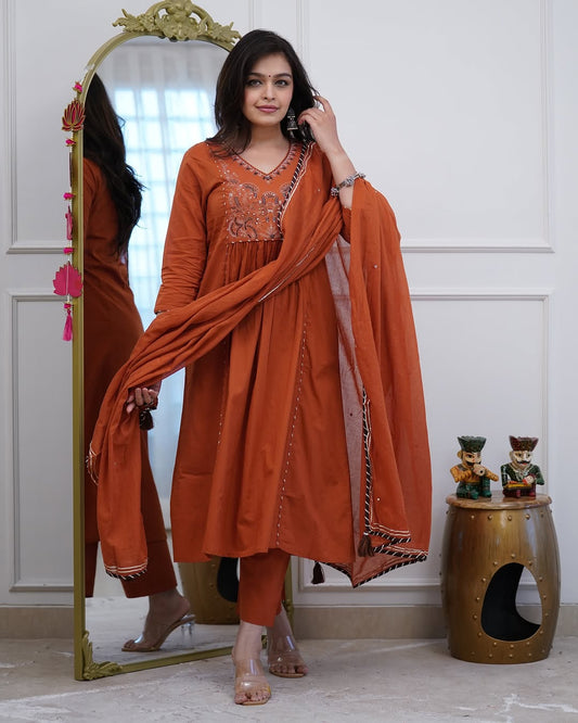 Premium Rust Orange Cotton Anarkali Kurti Pant Dupatta Set