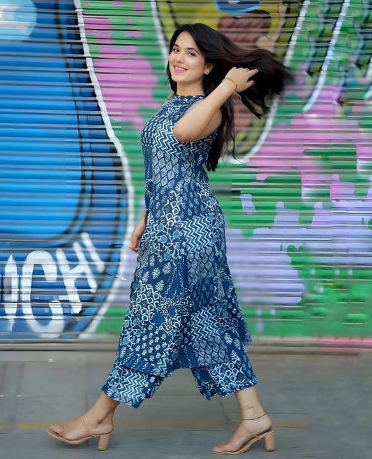 Women’s Blue Printed Cotton Halter Neck Kurta Palazzo Set