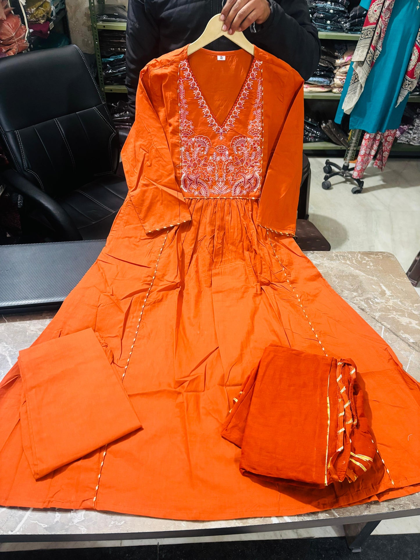 Premium Rust Orange Cotton Anarkali Kurti Pant Dupatta Set