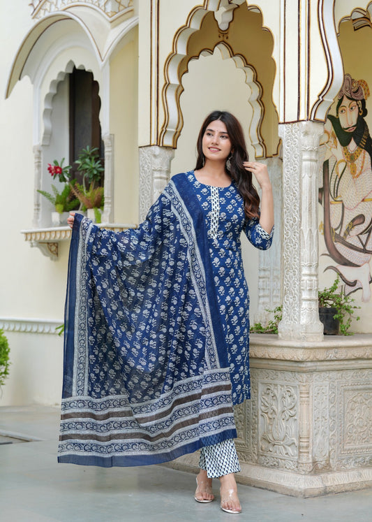 Premium Indigo Cotton Kurti Pant Dupatta Set