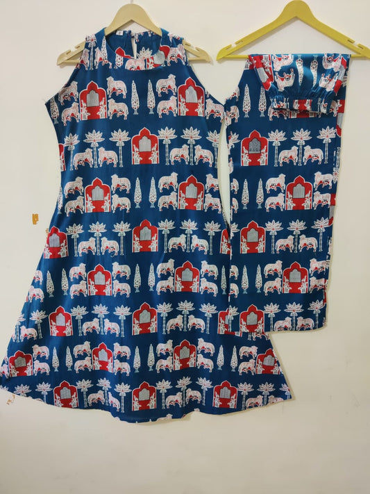 Women’s Navy Blue Elephant Print Cotton Halter Neck Kurta Palazzo Set