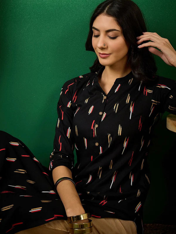 Black Rayon Printed Straight Kurti for Women