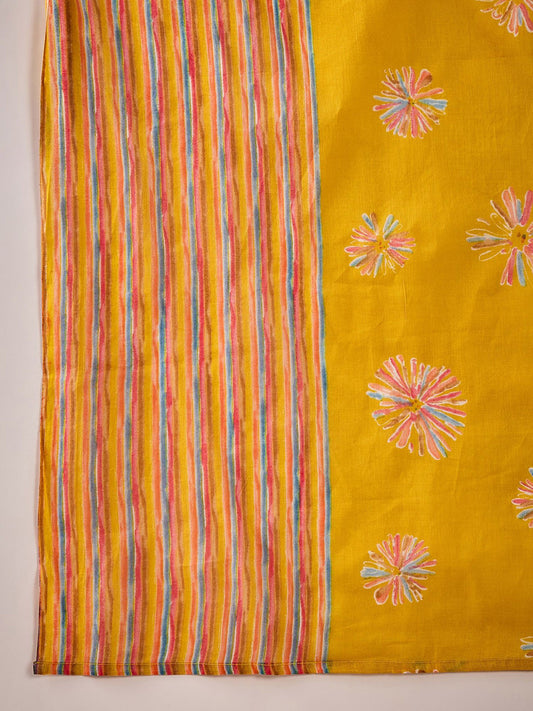 Floral Straight Kurta Set with Striped Pants & Dupatta