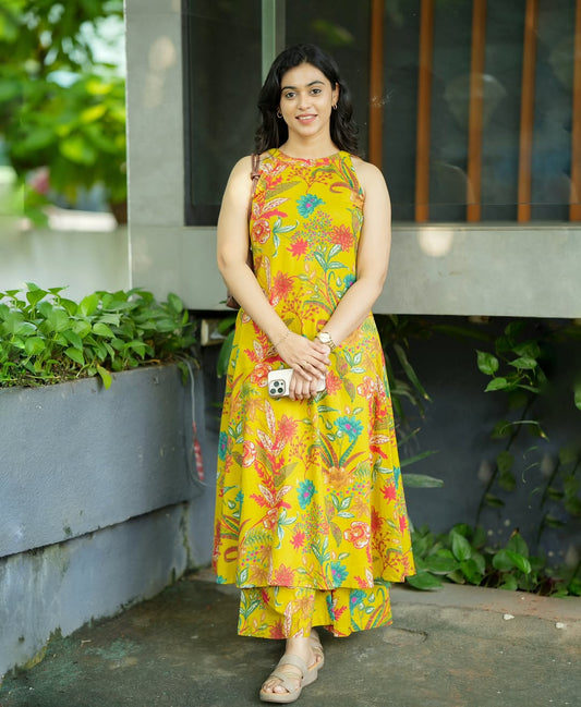 Women’s Yellow Floral Printed Cotton Halter Neck Kurta Palazzo Set