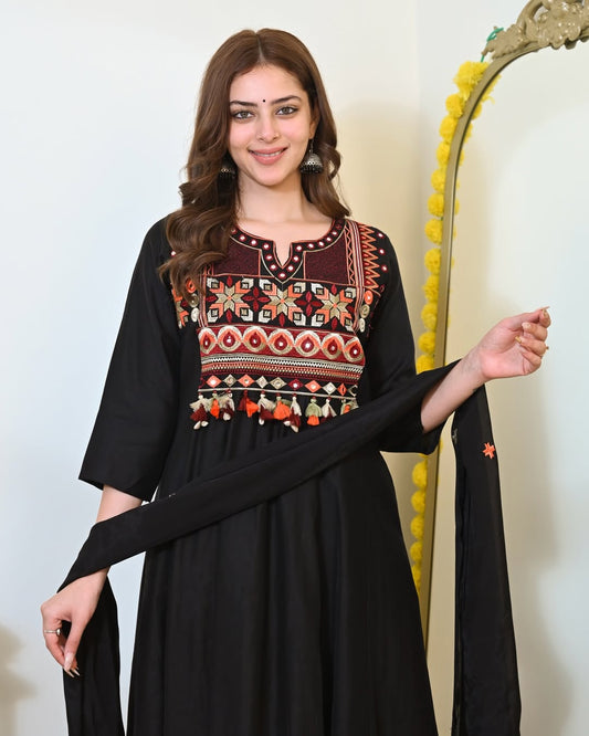 Premium Black Cotton Anarkali Kurti Pant Dupatta Set