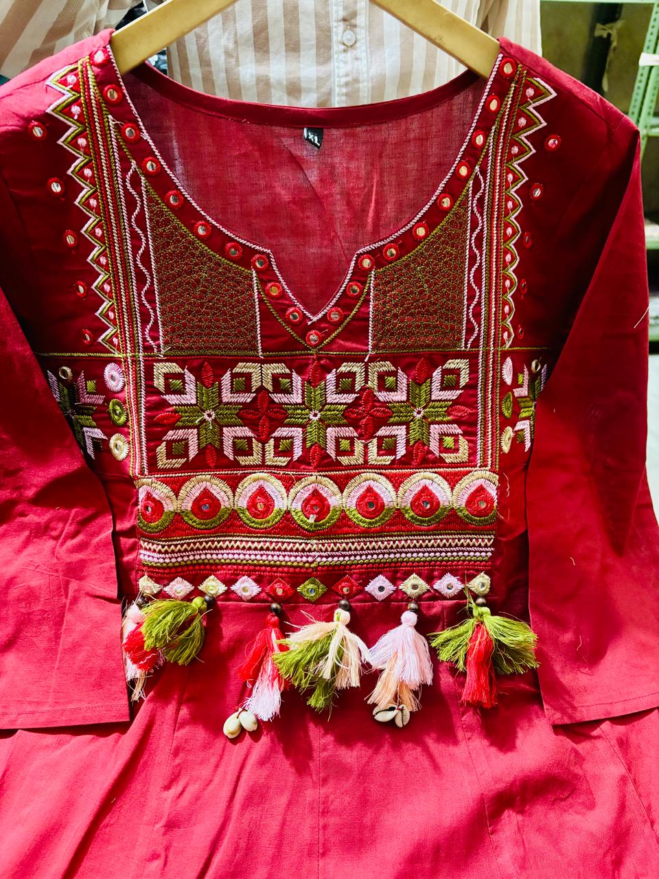 Premium Maroon Cotton Anarkali Kurti Pant Dupatta Set
