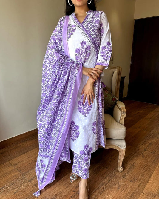 Lavender Cotton Angrakha 3 Piece Set for Women