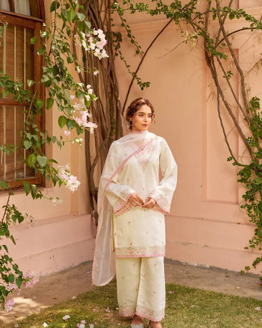 Premium Chanderi Silk Suit Set with Pink Embroidery and Dupatta