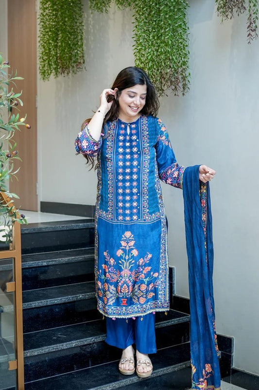 Premium Muslin Kurti Pant with Handwork Neck and Blue Dupatta Set