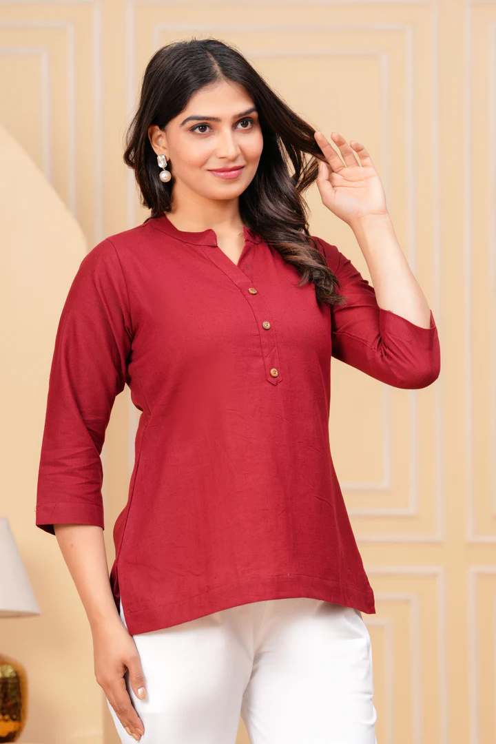 Effortless Style-Maroon Airy Linen Short Kurti
