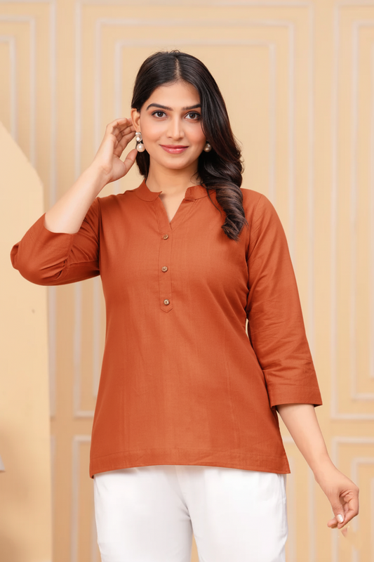 Effortless Style-Rusty Orange Airy Linen Short Kurti
