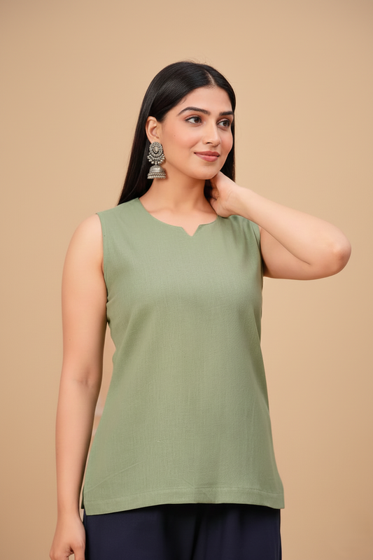 Green Minimalist Sleeveless Longline Fusion Tunic
