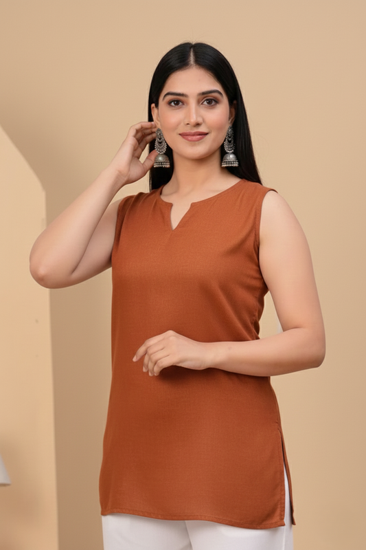 Orange Minimalist Sleeveless Longline Fusion Tunic