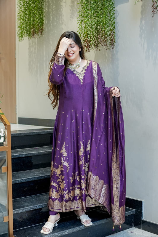 Purple Royal Chanderi Silk Banarasi Anarkali with Maharaja Silk Pant