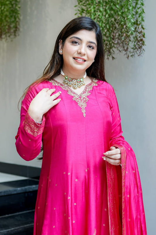 Pink Royal Chanderi Silk Banarasi Anarkali with Maharaja Silk Pant