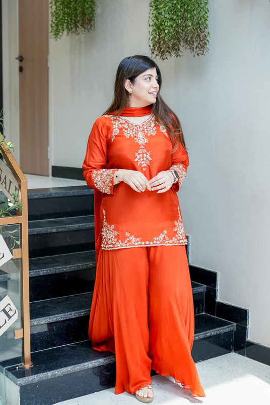 Orange Designer Mul Chanderi Party Wear Suit Set