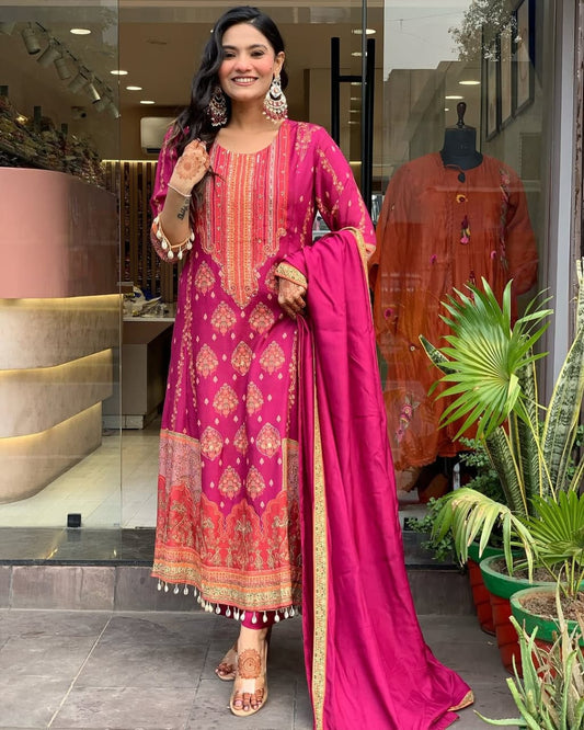 Pink Diamond Silk Schiffli Suit Set