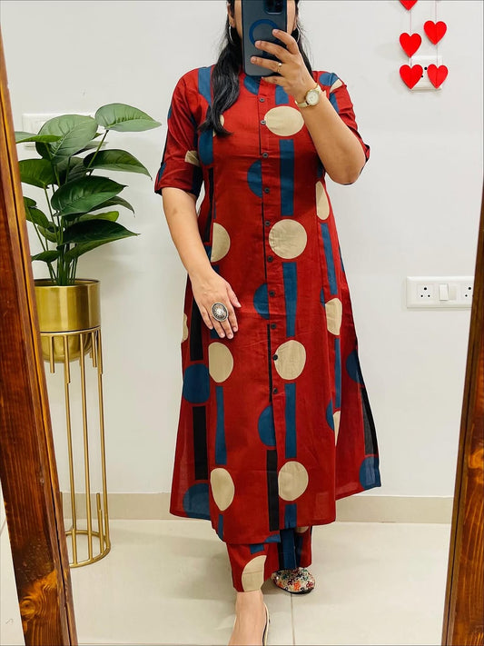 Red Floral Fine Cotton Kurti Pant Co-ord Set