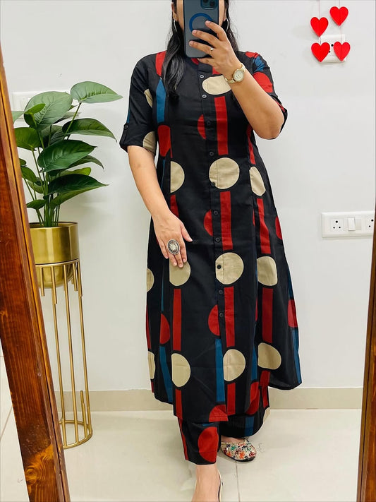 Black Floral Fine Cotton Kurti Pant Co-ord Set