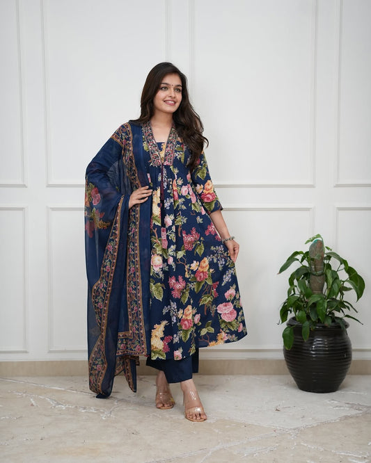 Blue Pure Cotton Embroidered Kurti Pant Dupatta Set