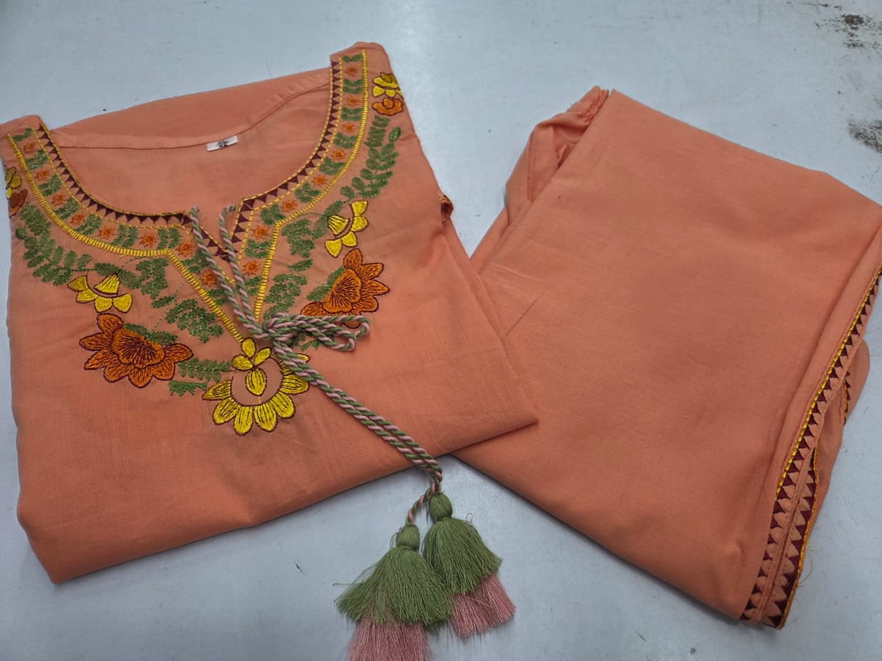 Peach Summer Cotton Embroidered Kurti Pant Co-ord Set