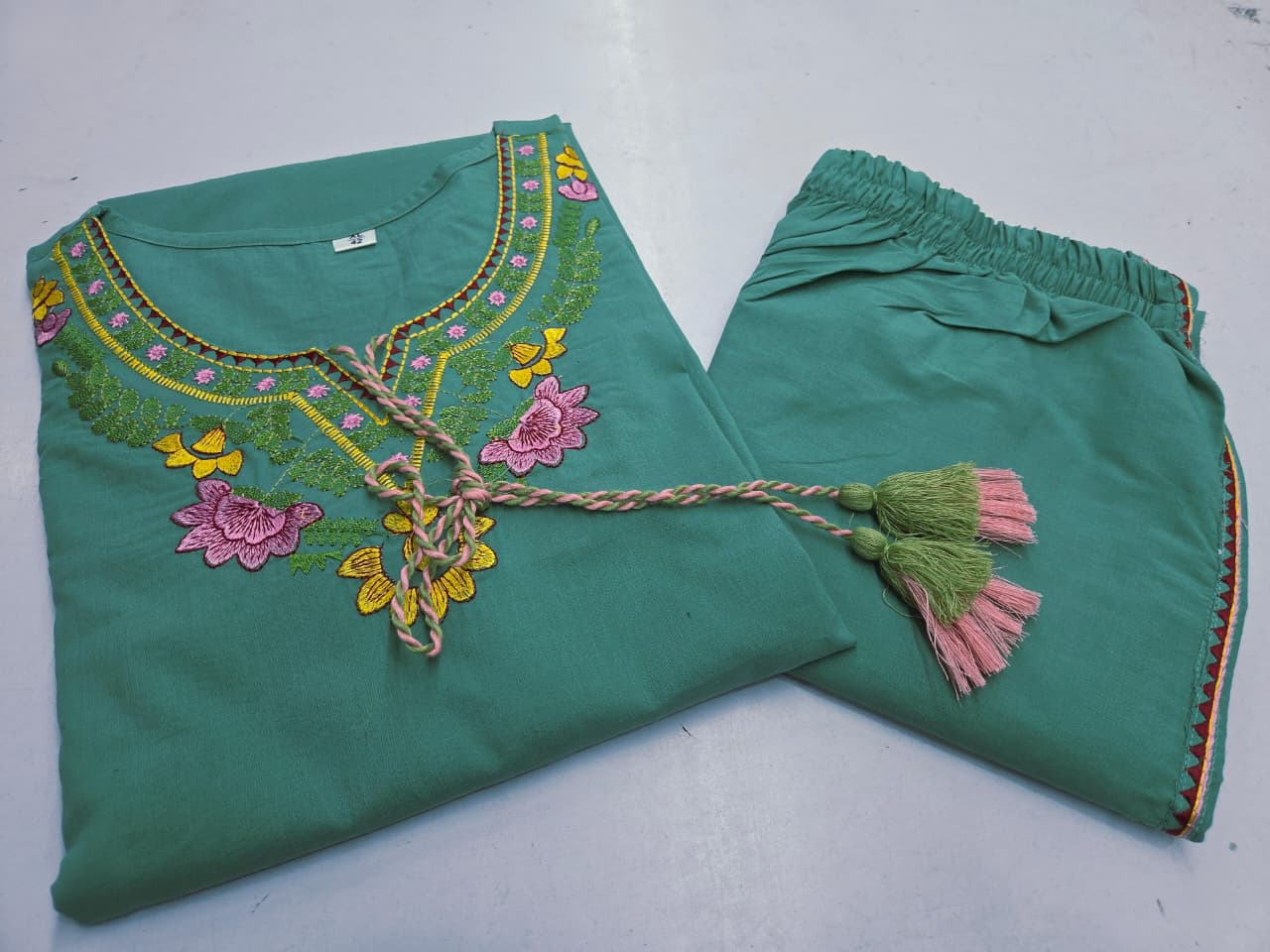 Blue Summer Cotton Embroidered Kurti Pant Co-ord Set