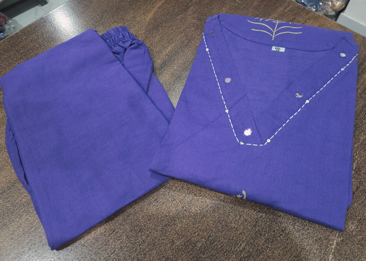 Blue Hand-Block Cotton Kurti Pant Set with Mirror Work