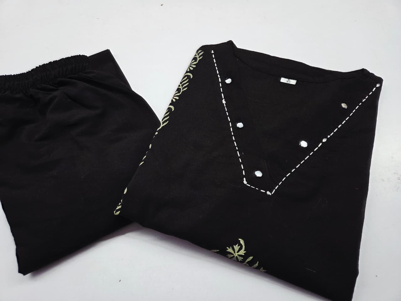 Black Hand-Block Cotton Kurti Pant Set with Mirror Work