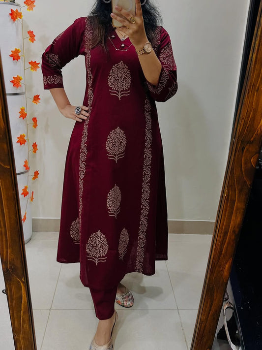 Maroon Hand-Block Cotton Kurti Pant Set with Mirror Work