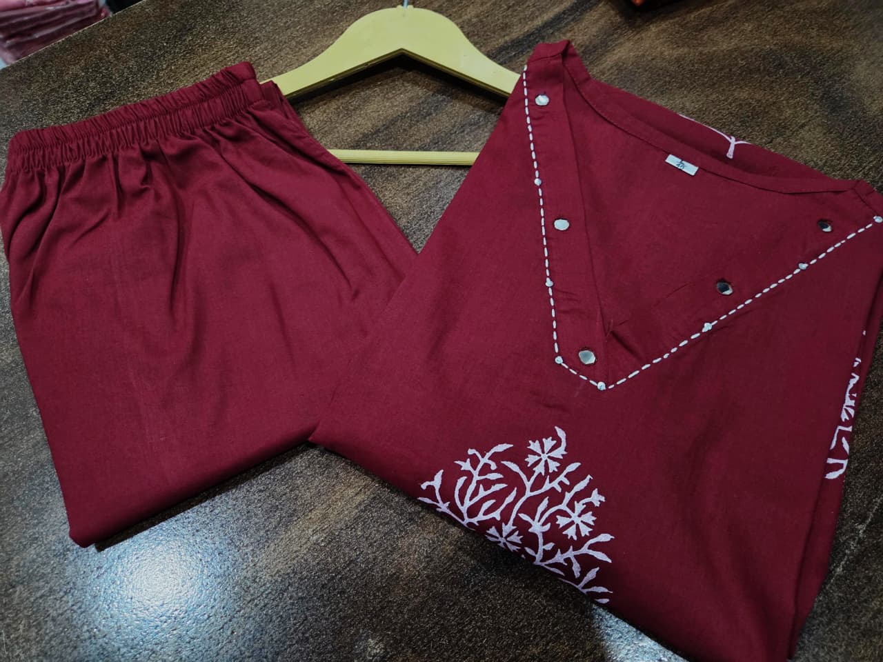 Maroon Hand-Block Cotton Kurti Pant Set with Mirror Work