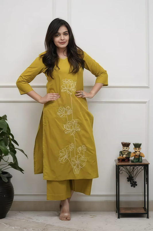 Mustard Yellow Cotton Floral Embroidery Kurta Set