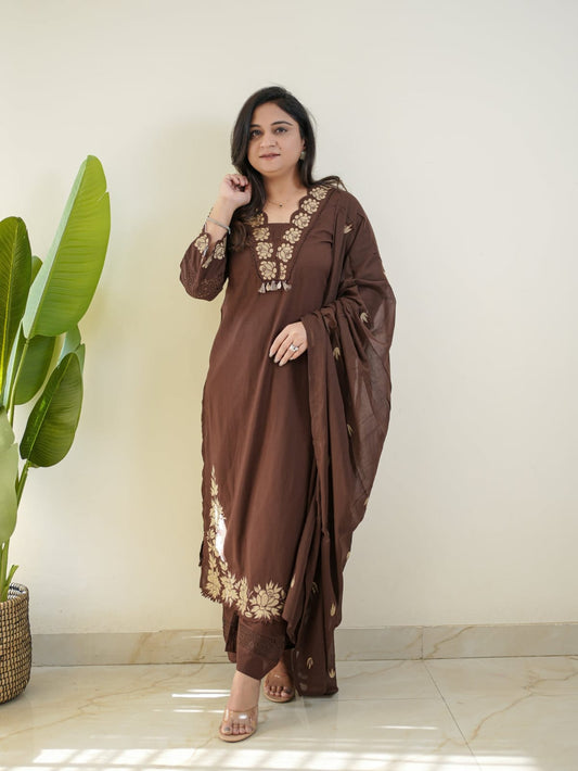 Chocolate Brown Embroidered Cotton Suit Set with Dupatta