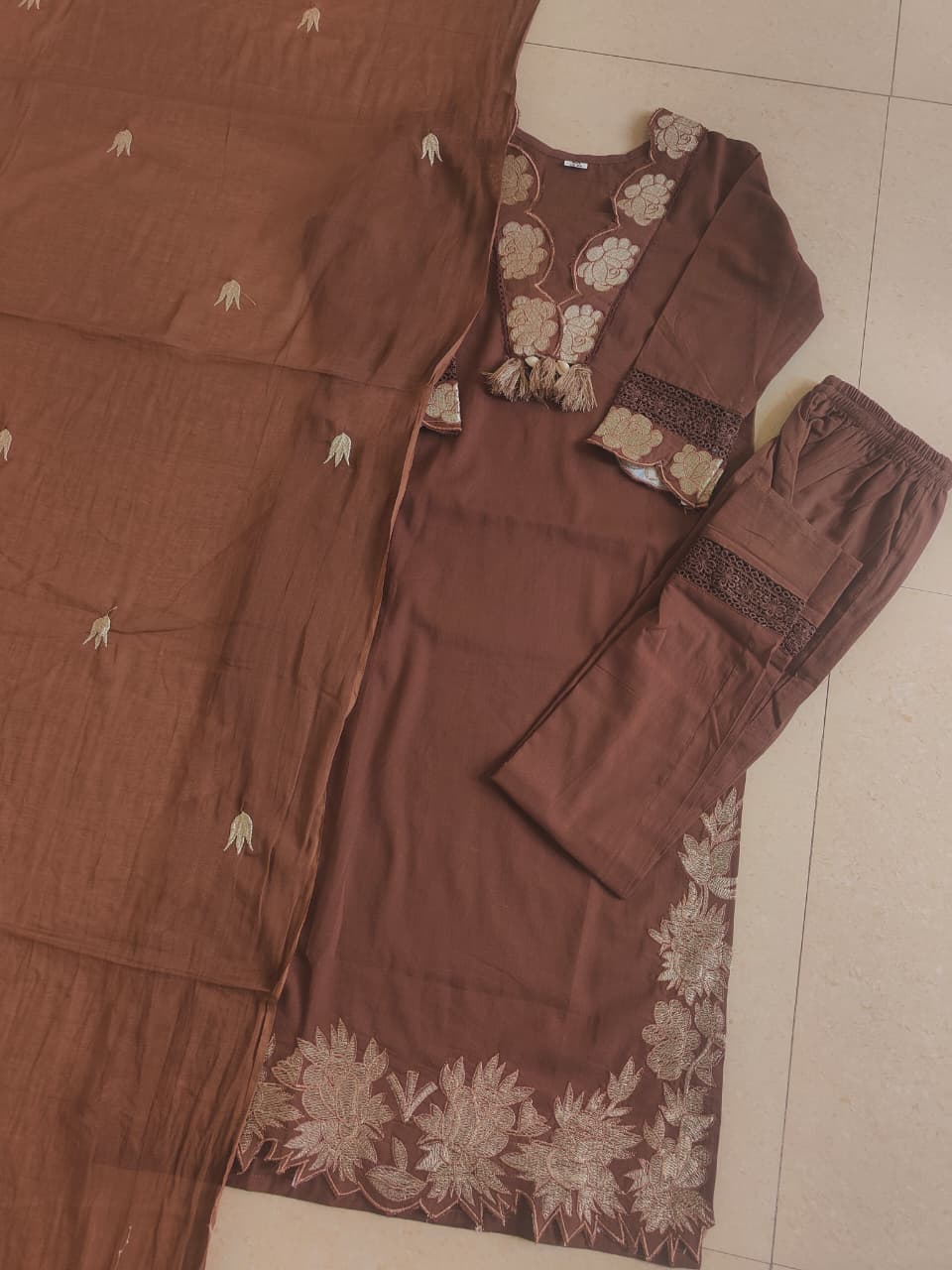 Chocolate Brown Embroidered Cotton Suit Set with Dupatta