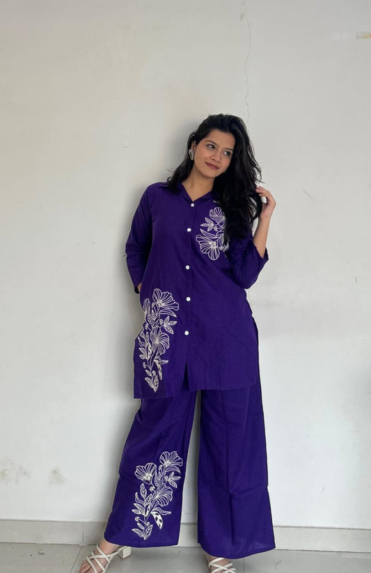 Purple Pure Cotton Button-Down Kurti and Palazzo Co-ord Set