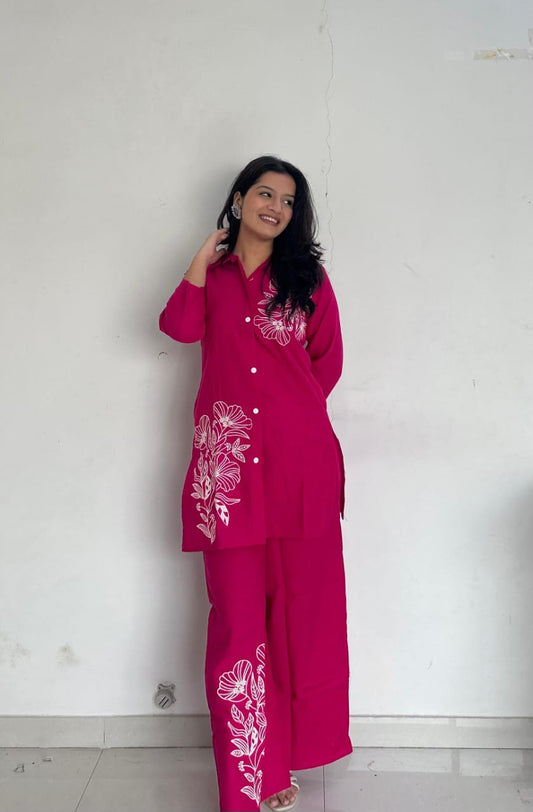 Pink Pure Cotton Button-Down Kurti and Palazzo Co-ord Set