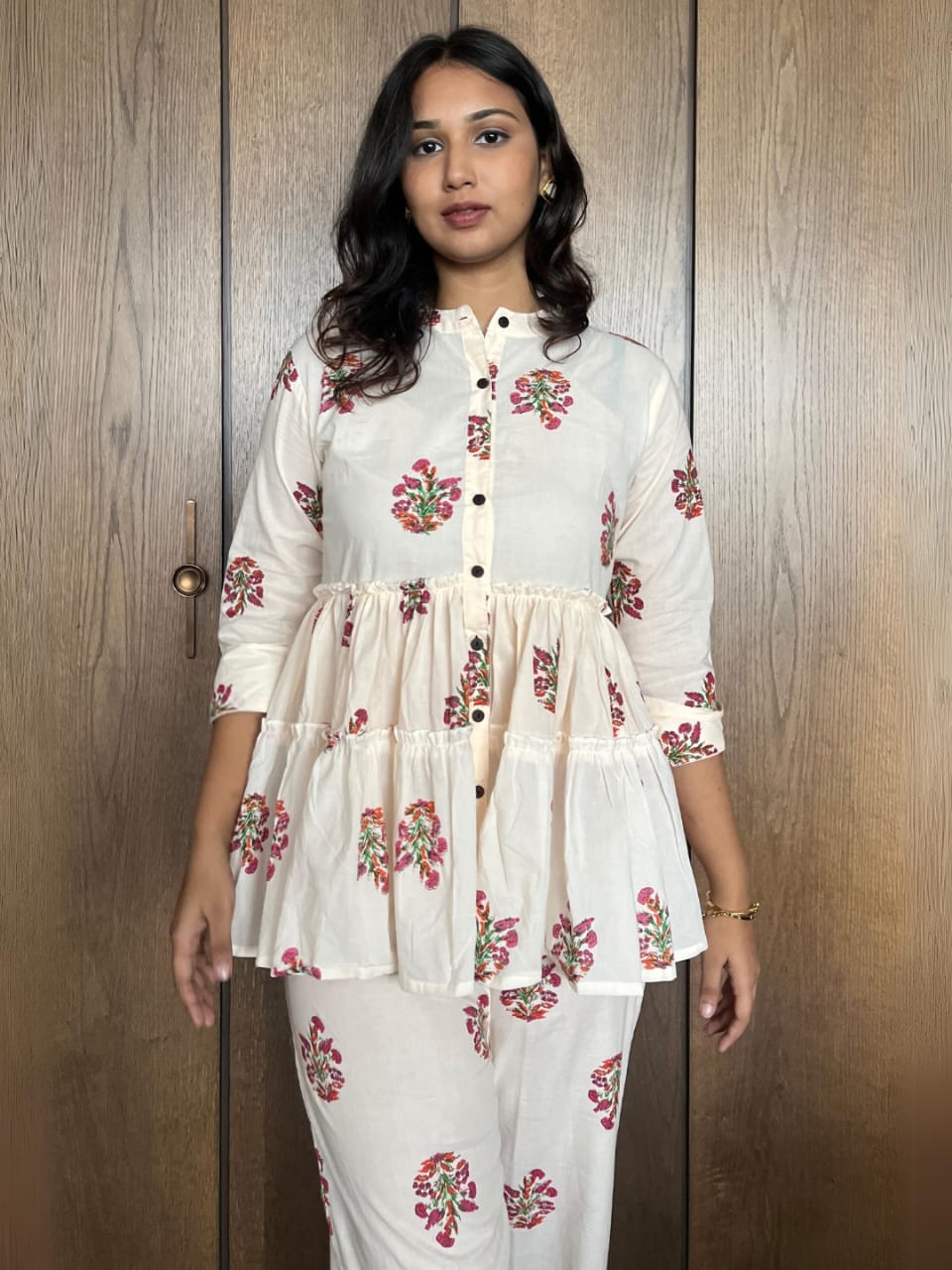 Off-White and Red Floral Cotton Peplum Set