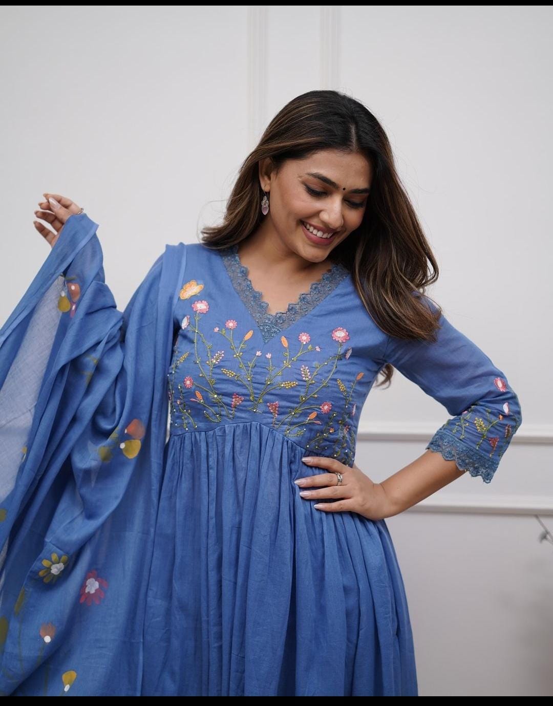 Blue Designer Embroidered Cotton Anarkali Three-Piece Suit Set