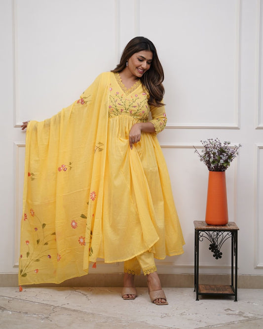 Yellow Designer Embroidered Cotton Anarkali Three-Piece Suit Set