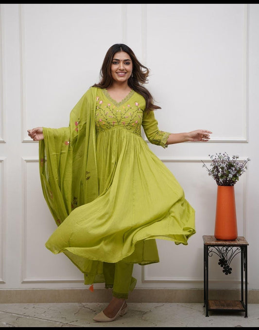 Lime Green Designer Embroidered Cotton Anarkali Three-Piece Suit Set