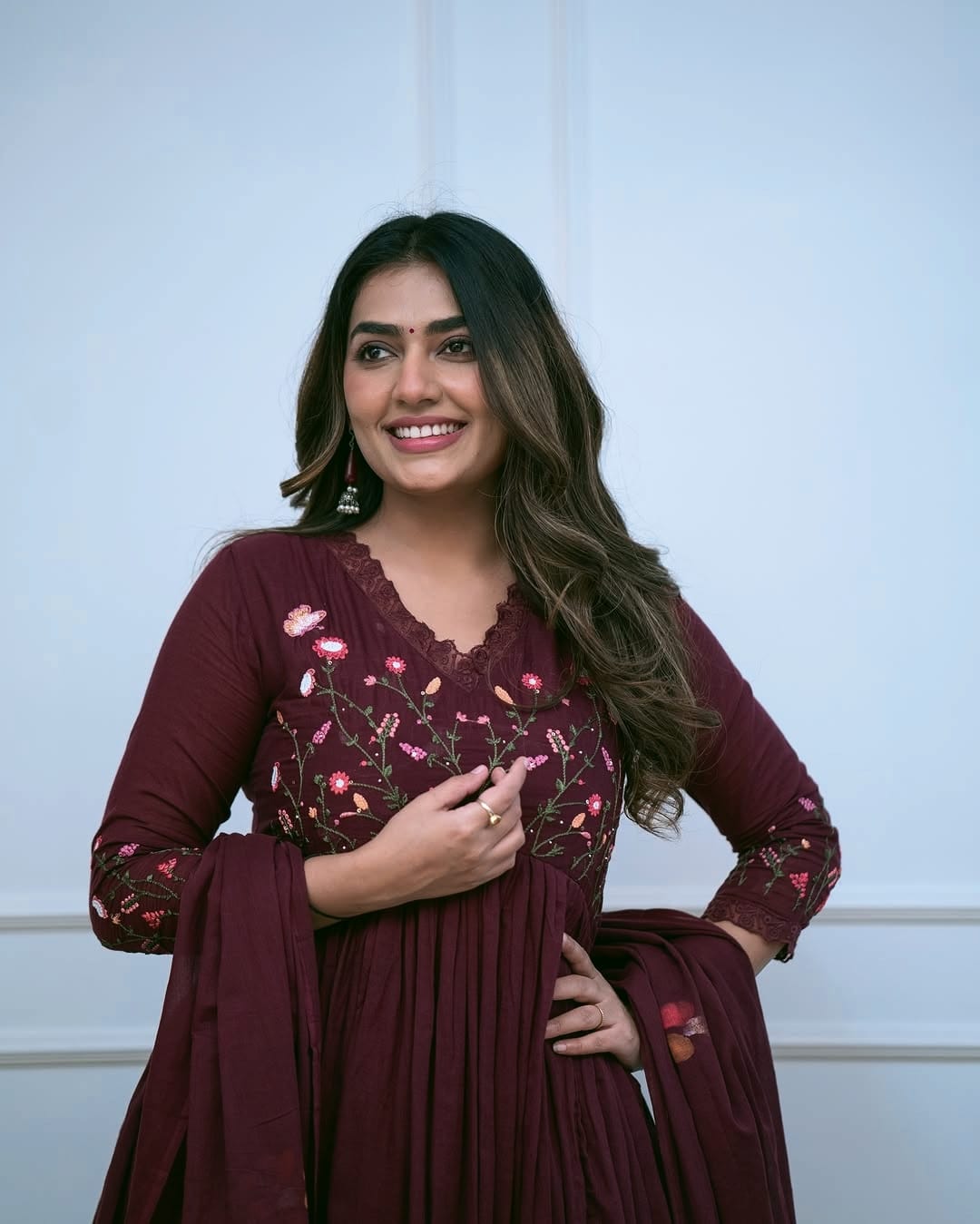 Plum-Purple Designer Embroidered Cotton Anarkali Three-Piece Suit Set