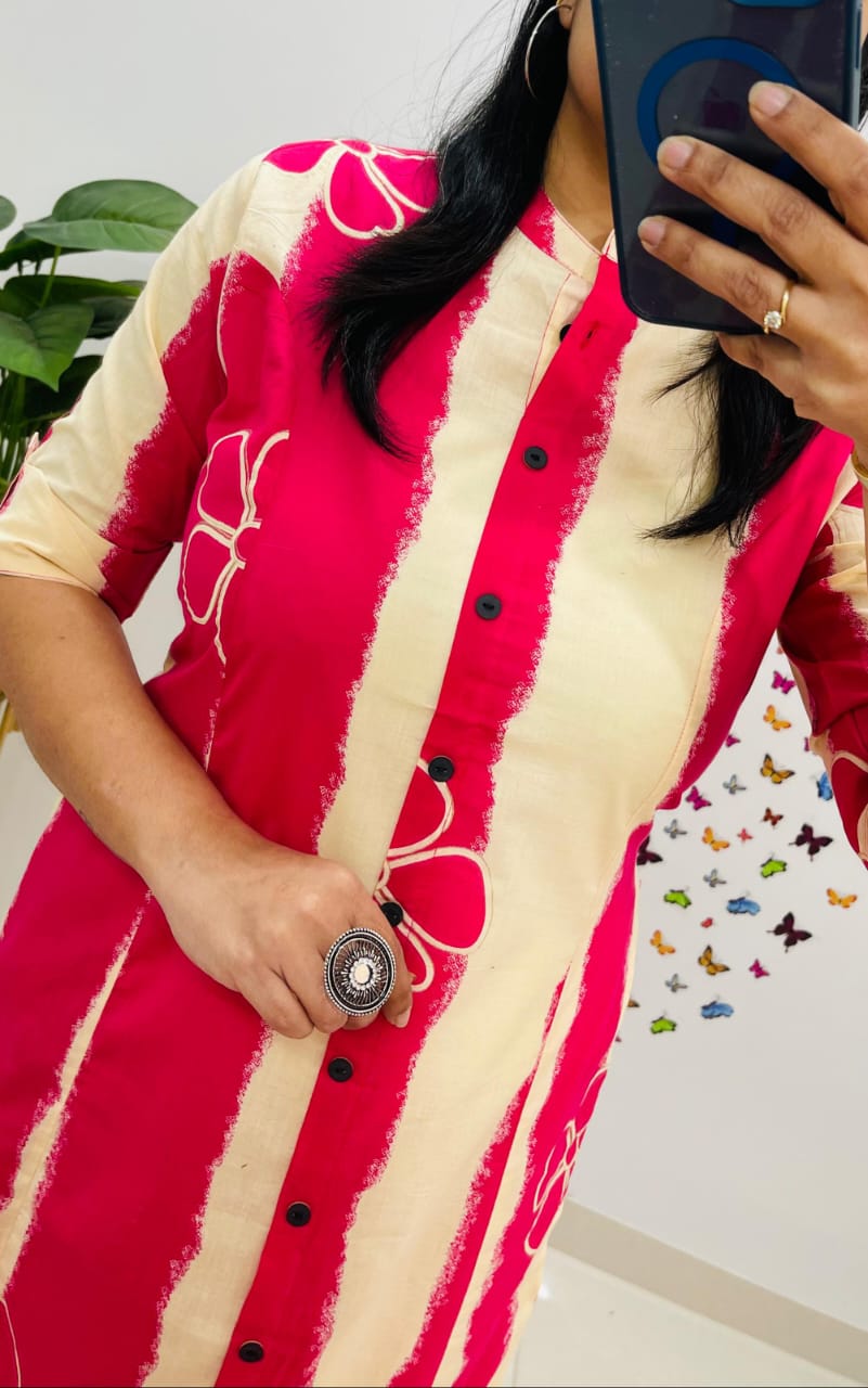 Pink Floral and Striped Cotton A-Line Ethnic Kurta Set