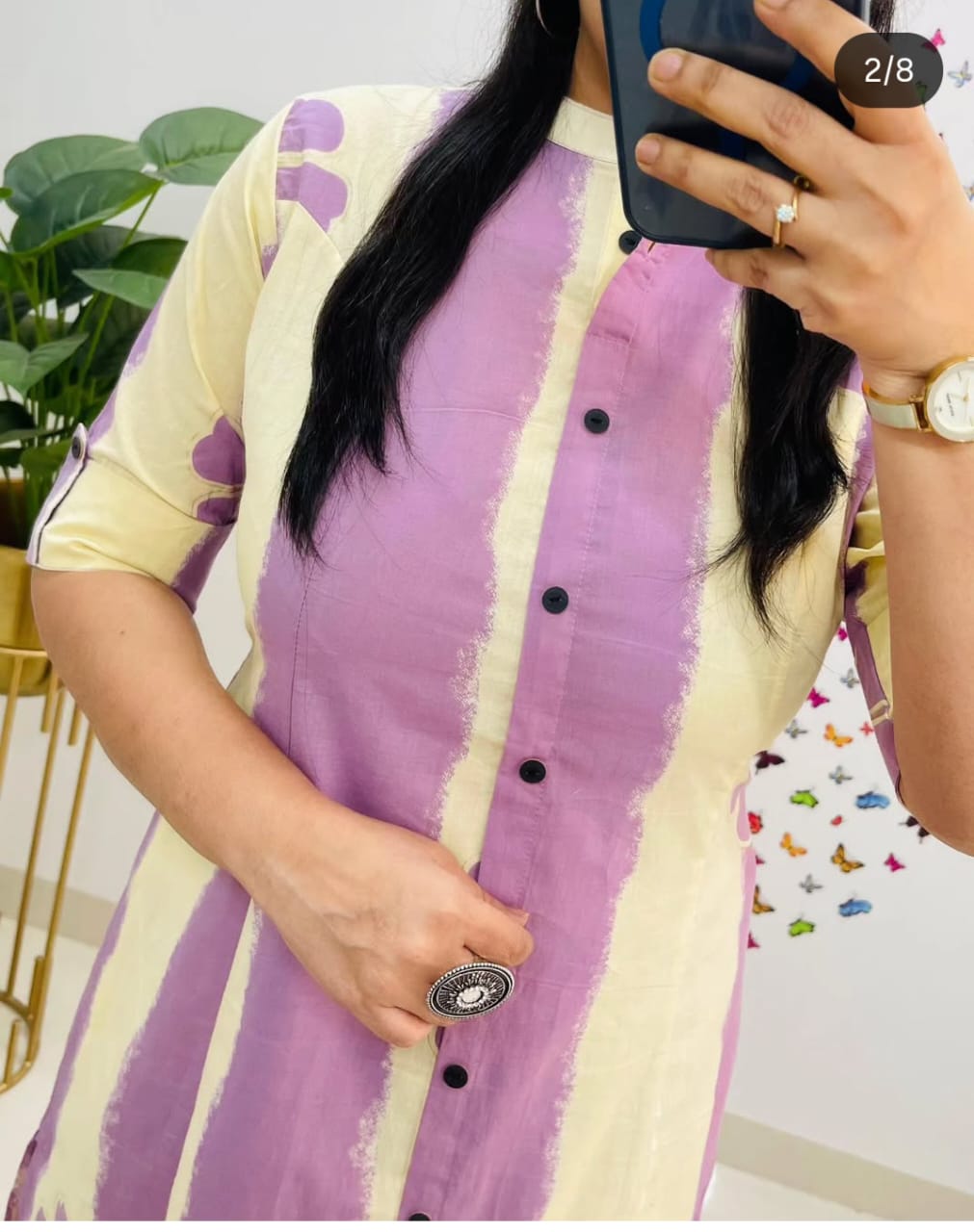 Purple Floral and Striped Cotton A-Line Ethnic Kurta Set