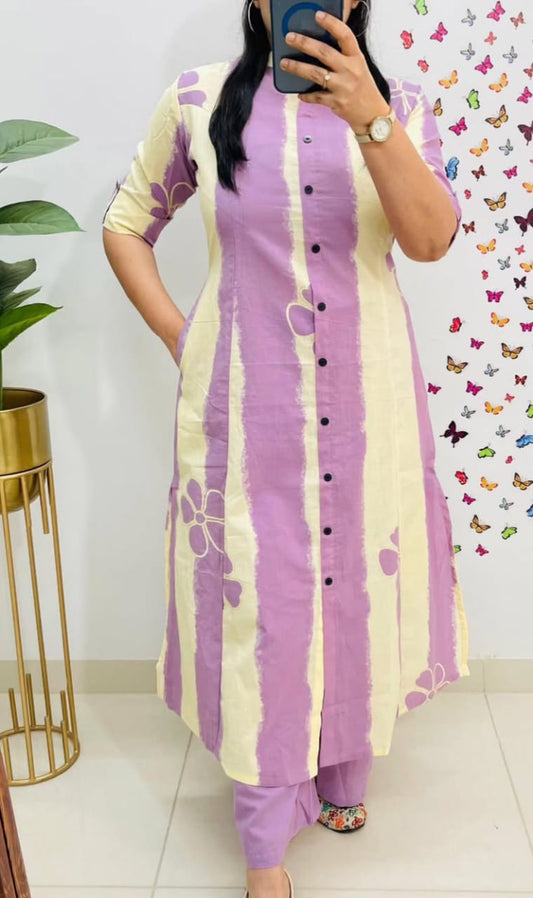 Purple Floral and Striped Cotton A-Line Ethnic Kurta Set